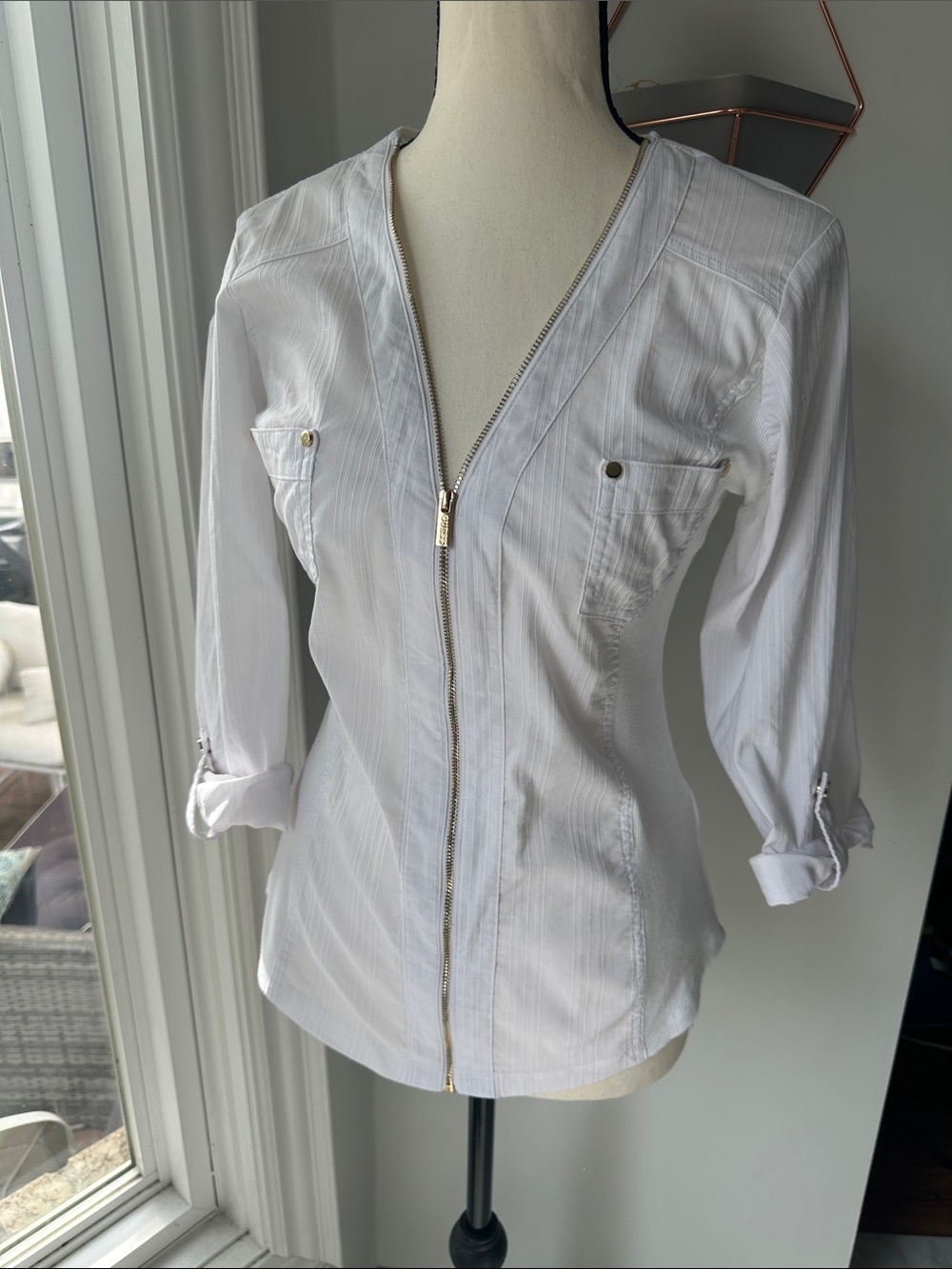 VINTAGE Y2K GUESS White Full Zip-Front Long Roll Sleeve Top Shirt Size Medium